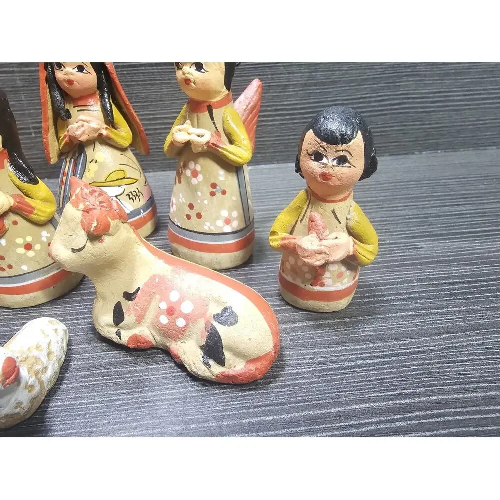 Vintage Mexican Hand-Painted Folk Art Clay Pottery Nativity Figures Lot of 14